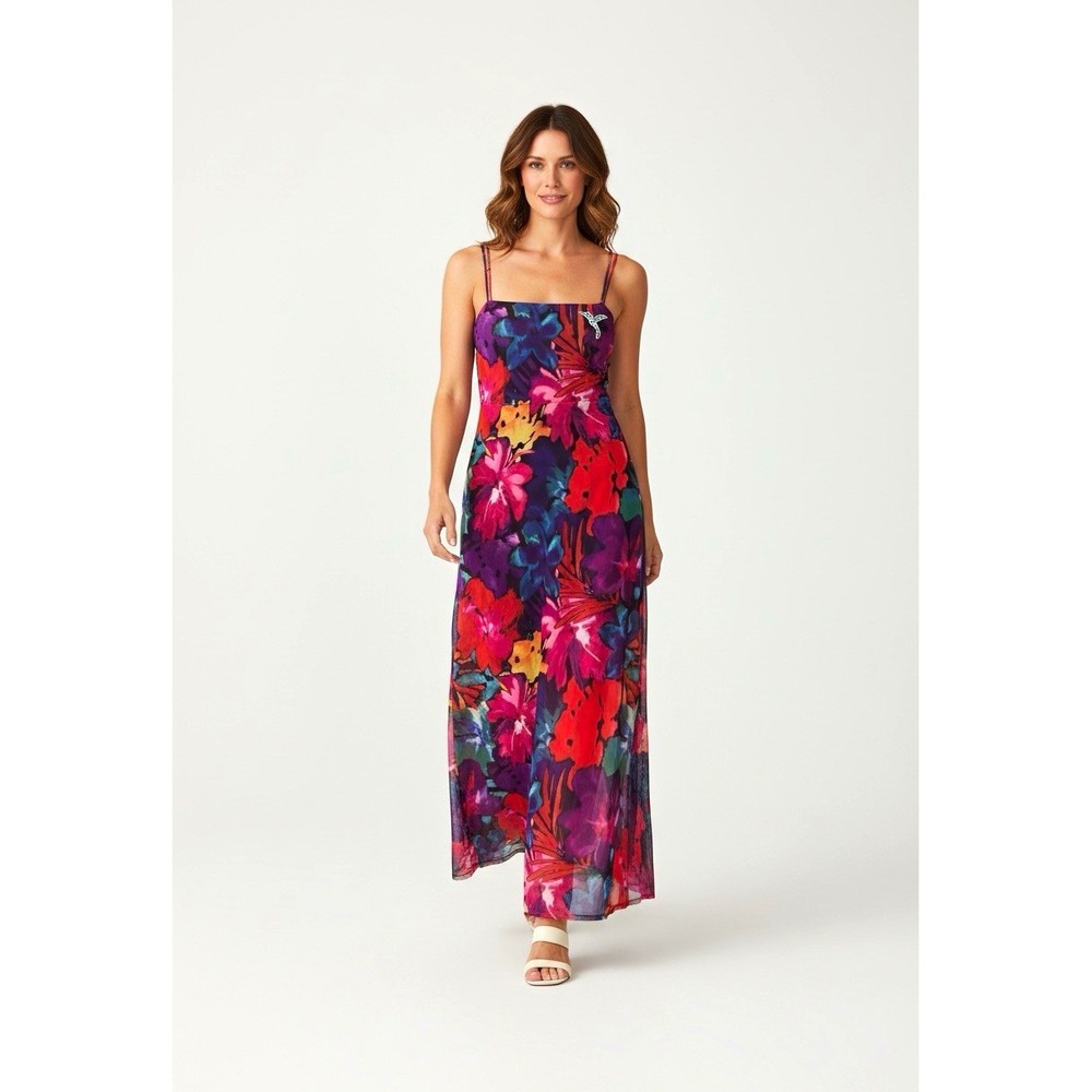 Lulus Multicolor Floral Chiffon Maxi Dress Square Neck Spaghetti Strap Size S